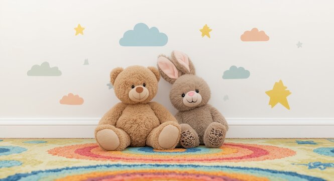 Whimsical teddy bear and bunny plush in a fun and bright kids room wall setting