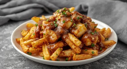 Party style cheesy fries featuring a blend of halloumi and mozzarella cheese with gravy sauce