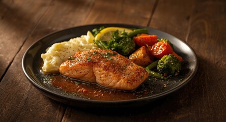 Fototapeta premium Flavorful salmon served with buttery mashed potatoes and a colorful blend of garden vegetables