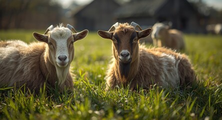 Fototapeta premium Domestic goats feeding peacefully on green grass in ecological farm meadow