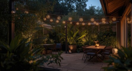 Fototapeta premium Relaxed summer evening setting in a contemporary outdoor space with decorative lights, abundant plants, and a dining area