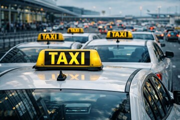 white taxi cab with illuminated sign in airport taxi queue with heavy traffic and terminal background, concept of taxi app