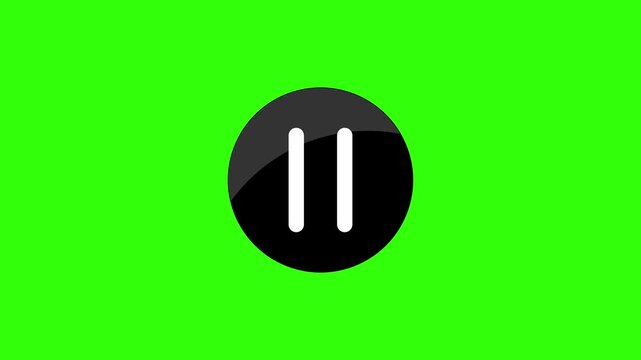 Glossy black circular play and pause button icon with mouse cursor on green screen