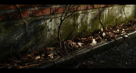 Small tree emerging next to a leaf blocked gutter with mold and urban debris