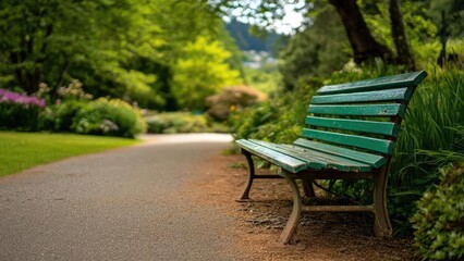 Fototapeta premium A weathered green wooden bench beside a winding park path in a lush garden. Concept Weathered Green Wooden Bench, Winding Park Path, Lush Garden, Rustic Outdoor Seating, Garden Serenity