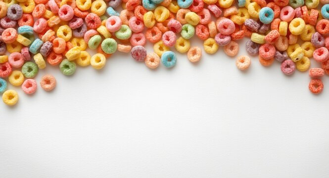 White textured background filled with multi colored fruit loops and copy space