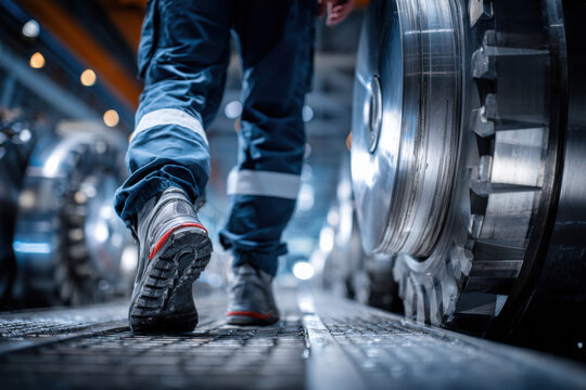 Industrial worker leg machinery power scale detail, low angle shot of safety shoe, factory floor metal gear, blue uniform, modern industry energy