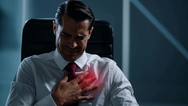 Businessman having heart attack clutching chest in office
