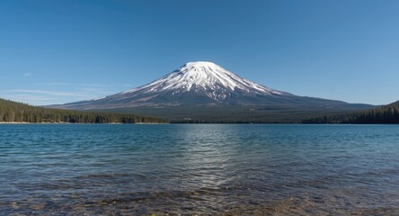 Fototapeta premium Undisturbed lake scene with prominent snow laden mountain below crisp clear skies