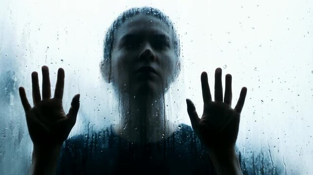 曇ったガラス越しに揺らぐ未来への不安を象徴する抽象ポートレート表現