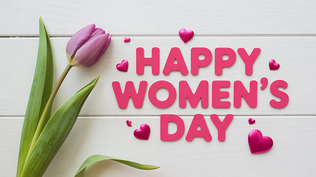 Happy Women's Day greeting with a pink tulip and decorative hearts on a rustic white wood background