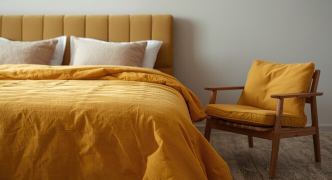 A warm and cozy bed with a bright yellow coverlet and complementary chair