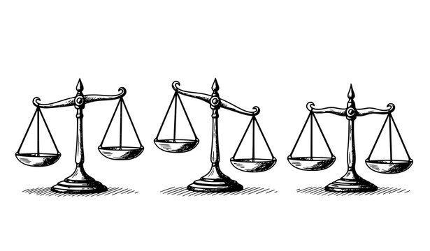 Doodle-style hand-drawn scales vector set with balanced and tilted bowls illustration