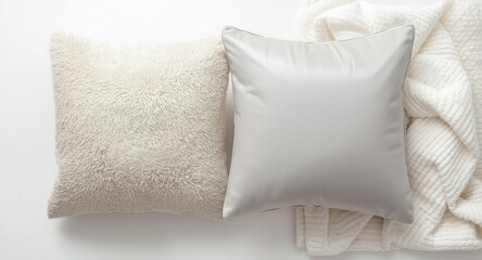 Two warm pillows along with a folded blanket on a flat white surface