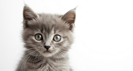 Obraz premium Close up portrait of a gentle gray kitten with clear eyes against a stark white background