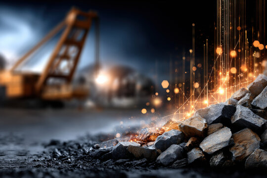 Glowing data mining digital rock futuristic quarry industrial background abstract technology big data orange light heavy machinery construction site stone pile Modern glowing data mining digital