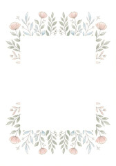 Watercolor frame with flowers, copy space, isolated against solid white background.