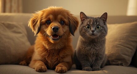 Happy furry pals sitting side by side inside the house