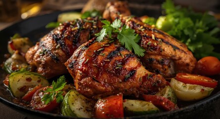 Succulent marinated spicy chicken thighs grilled and garnished with herbs with fresh vegetables and sauce