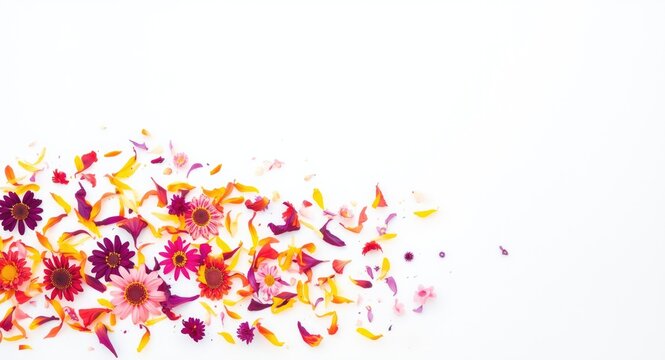 Simple white backdrop enhanced by colorful Transvaal Daisy petals with copy space