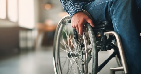 Obraz premium The Wheelchair Wheel And Hand Close Up In Bright Modern Interior With Soft Focus Background