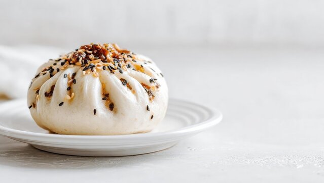 Round steamed bao bun topped with white and black sesame seeds on a white plate. Concept Steamed Bao Bun, Sesame Seeds, White Plate, Asian Cuisine, Food Photography