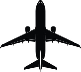 Fototapeta premium Silhouette of a commercial airplane viewed from above showcasing its sleek design and wingspan against a plain white background