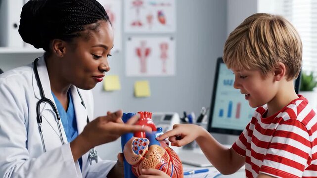 In a well-lit, organized medical office, a friendly doctor explains the intricacies of the human heart to an inquisitive boy.
