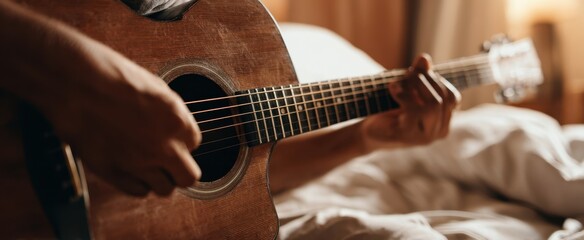 Fototapeta premium The Guitar in a Cozy Bedroom Setting With Hands Strumming Warm Morning Light