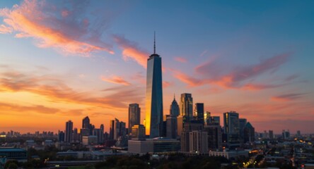 Obraz premium Sunset skyline featuring skyscraper bathed in warm orange and pink tones