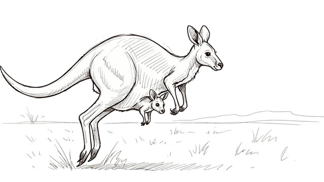 Sketch of a mother kangaroo with joey in pouch hopping across a field