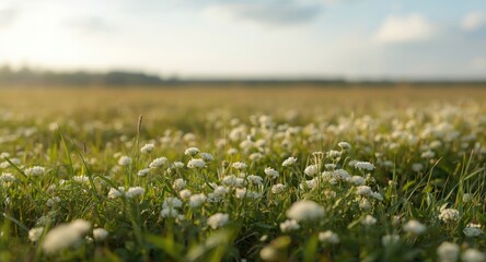 Natural meadow decorated with white clover flowers for floral art projects