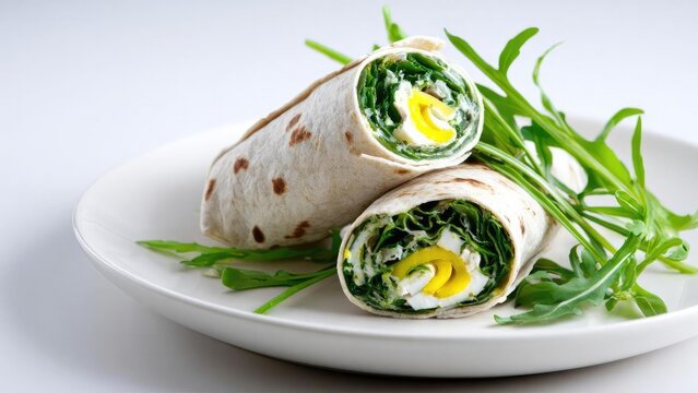Two grilled tortilla wraps filled with leafy greens and sliced hard-boiled eggs, plated with fresh arugula. Concept Grilled tortilla wraps with greens and hard boiled eggs, Fresh arugula garnish