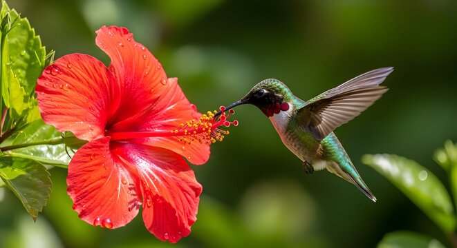 Ruby-throated hummingbird hovers mid-flight, delicately sipping nectar from a vibrant, dew-kissed red hibiscus flower bloom.