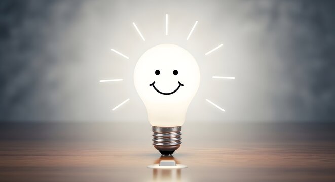 Happy light bulb with smiling face glowing on wooden table representing creative idea inspiration positivity imagination bright thought genius innovation success optimism and solution concept