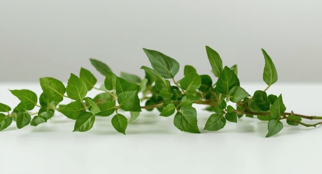 Green leafy Tiliacora Triandra vine herb displayed on a smooth white surface