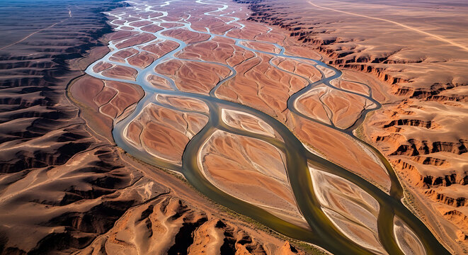 Majestic aerial landscape of a braided river delta in an arid environment with intricate geological textures and deep canyon shadows.
