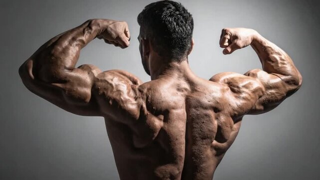 Powerful male bodybuilder flexing back muscles and biceps