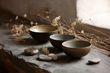 Calm interior scene with handmade ceramics and natural elements, Generative AI