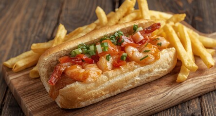 Fresh Shrimp Po Boy with Golden Fries on a Wooden Board