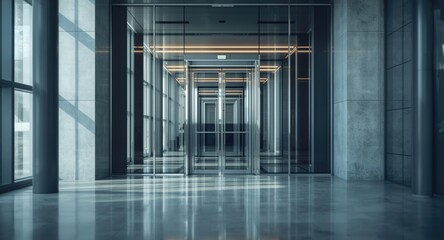 Clear glass elevator with cabin doors in different open positions