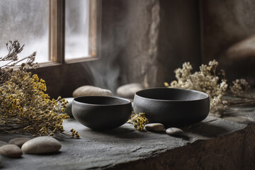 Artisanal pottery arrangement with river stones and soft light, Generative AI