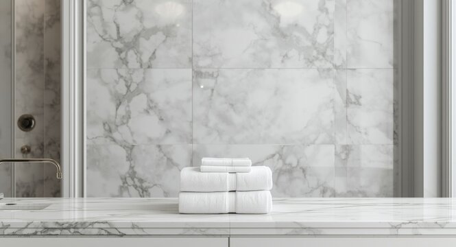 Modern bathroom with marble panel backdrop and neatly arranged towels