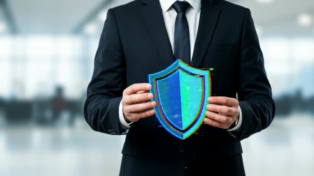 ドットグリッチ盾アイコンを掴むスーツ姿のビジネスマンによるサイバーセキュリティイメージ