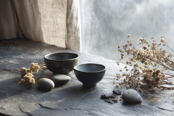Handcrafted ceramic bowls on raw slate table with morning mist, Generative AI
