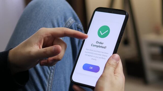Seamless online investing workflow on smartphone: selecting shares, processing order, and completed transaction message. Trendy fintech footage for brokerage apps, financial technology, trading