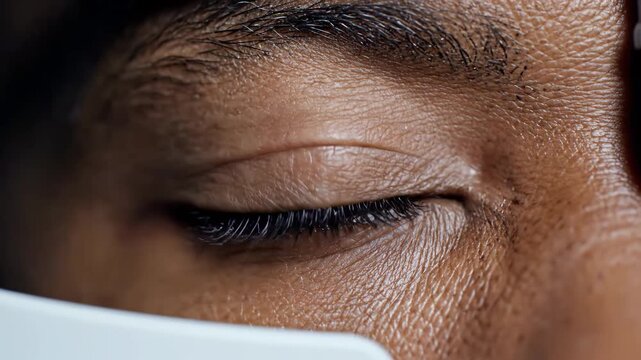 A striking examination of a human eye unfolds, showcasing the nuances of expression and texture as a tool gently touches the eyelid. This artistic scene captures a blend of curiosity and intimacy.