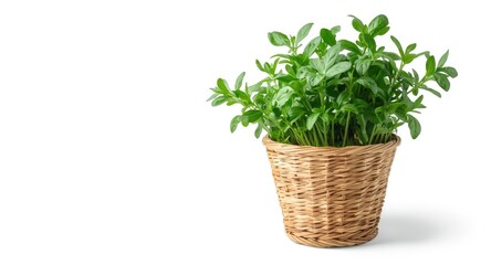 Naklejka premium Organic arugula herb plant rooted in natural basket isolated on white background