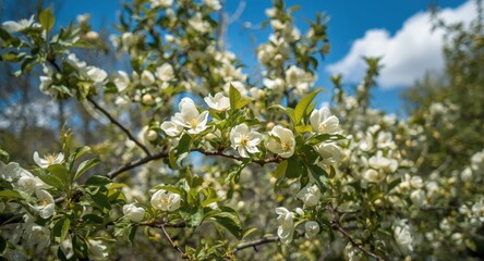 Fototapeta premium Garden full of spring life featuring a blooming pear tree