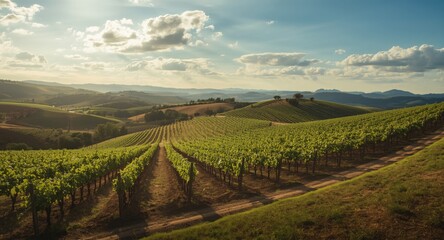 Obraz premium Scenic top view of flourishing vineyard sweeping over softly contoured hills under bright sky